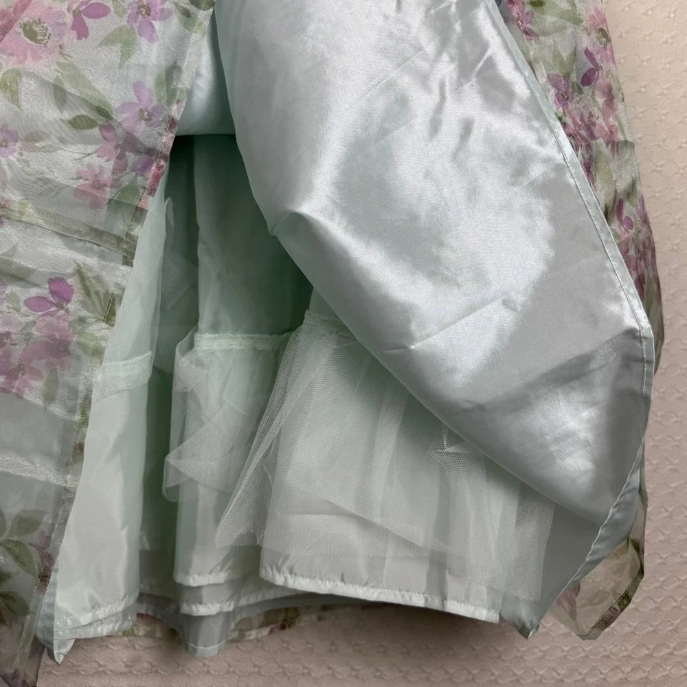 Zunie Girls Puff Sleeve Floral Square Neck‎ Dress Size 16 Sheer Lined Fairy